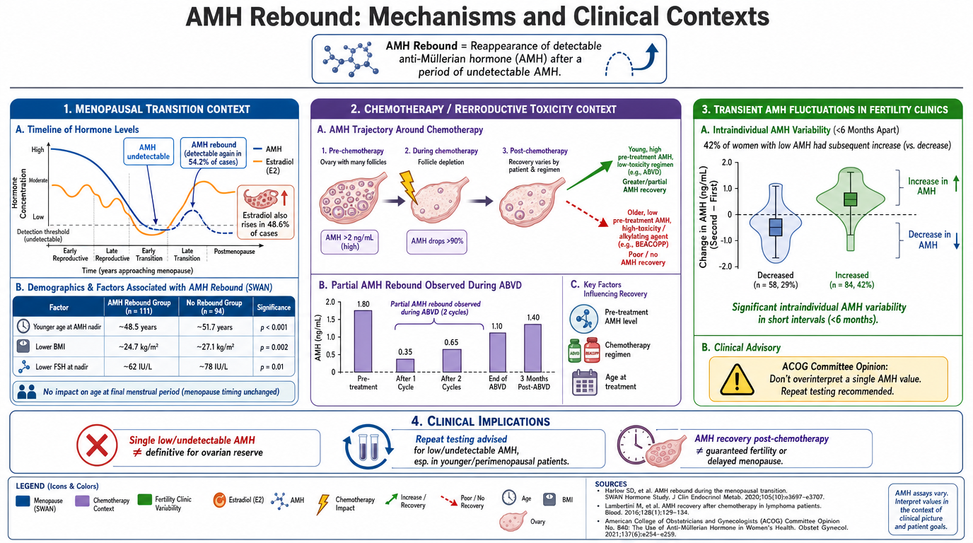 An educational infographic titled 'AMH Rebound: Mechanisms and Clinical Contexts'. It explains AMH rebound as the reappearance of detectable anti-Müllerian hormone after a period of undetectable levels. The infographic covers three main sections: 1) 