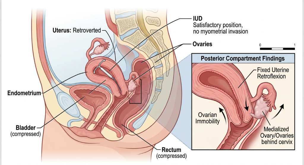 A medical illustration of female reproductive anatomy showing the uterus, endometrium, bladder, rectum, ovaries, and fallopian tube. It highlights a retroverted uterus and features a detailed inset of the posterior compartment, depicting fixed uterin