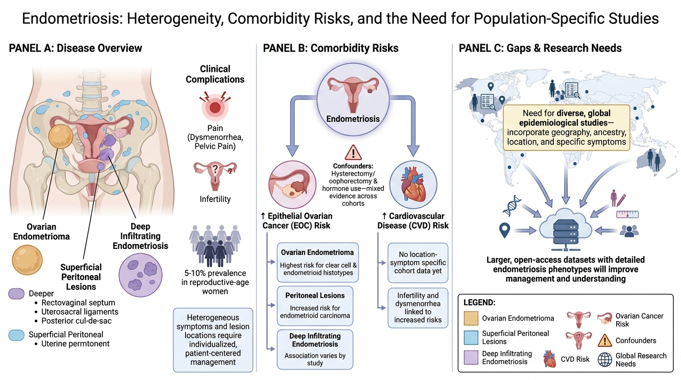 Diagram illustrating endometriosis, its association with ovarian endometriomas, superficial peritoneal lesions, deep infiltrating endometriosis, and clinical complications like pain and infertility. It depicts comorbidity risks such as endometriosis 