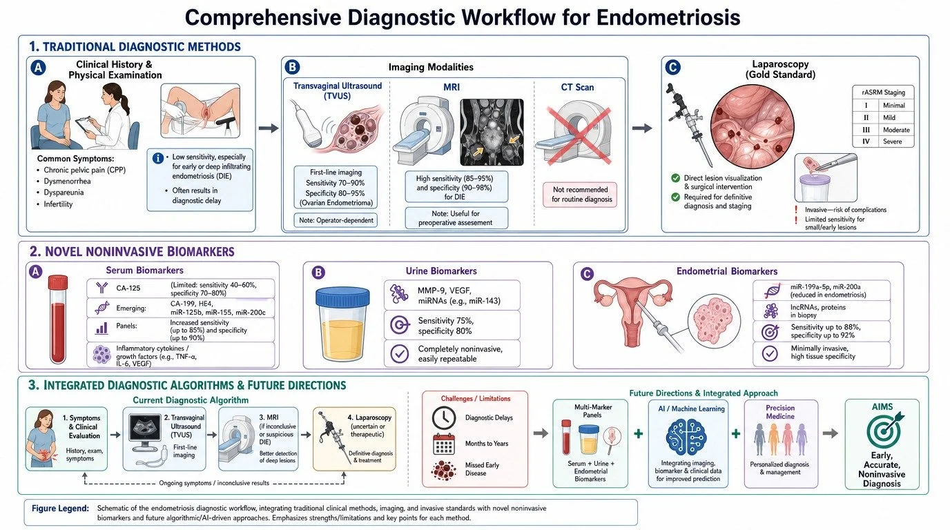 Flowchart illustrating a comprehensive diagnostic workflow for endometriosis, including traditional methods, novel biomarkers, and future directions. It covers clinical history and physical exam, imaging modalities like TVUS, MRI, and CT scan, invasi
