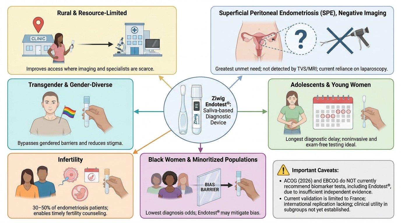 Infographic about Ziwig Endostest, a saliva-based diagnostic device for detecting superficial peritoneal endometriosis, with sections on access improvements, transgender and gender-diverse issues, infertility, disparities in Black women and minority 