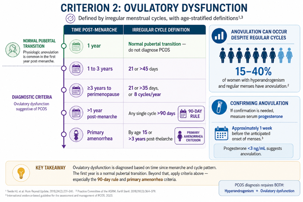 Infographic explaining criteria for ovulatory dysfunction, including normal puberty transition, diagnostic criteria, and key takeaways, with statistics on anovulation and methods of confirming ovulation.