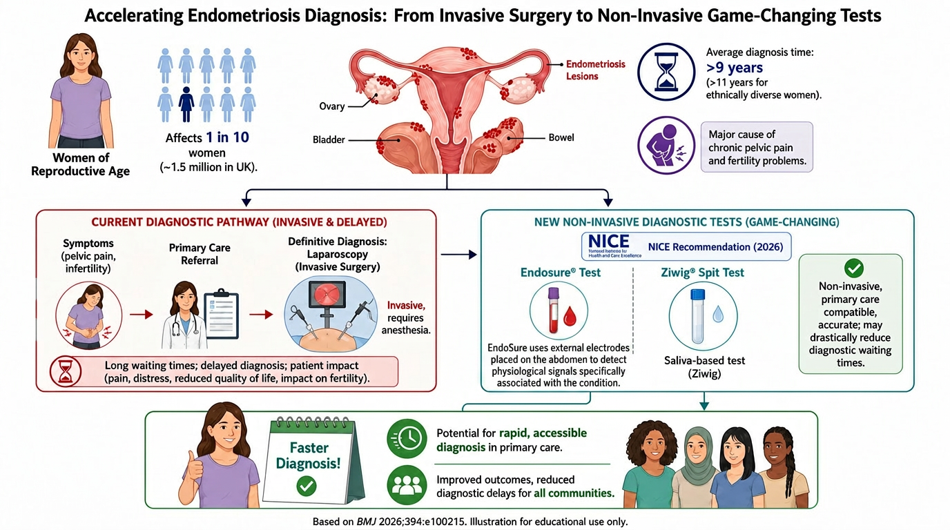 An infographic about improving endometriosis diagnosis methods. It shows that endometriosis affects 1 in 10 women, causes chronic pelvic pain and fertility issues, and currently involves invasive, delayed diagnosis with long wait times. The infograph