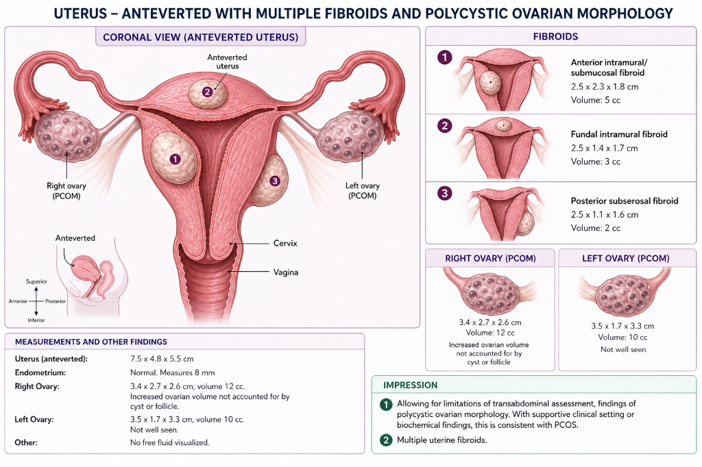 Diagram of a uterus with multiple fibroids and polycystic ovarian morphology, showing the uterus, cervix, vagina, fallopian tubes, and ovaries with measurements and descriptions of fibroids.