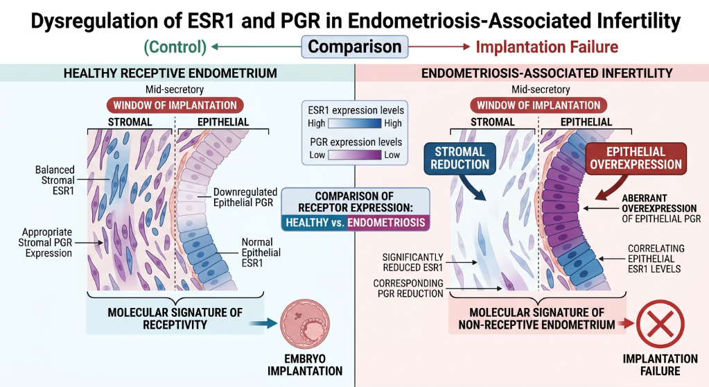 A comparative diagram showing the dysregulation of ESR1 and PGR in endometriosis-associated infertility versus healthy receptive endometrium. It highlights differences in epithelial and stromal layers, receptor expression levels, and molecular signat