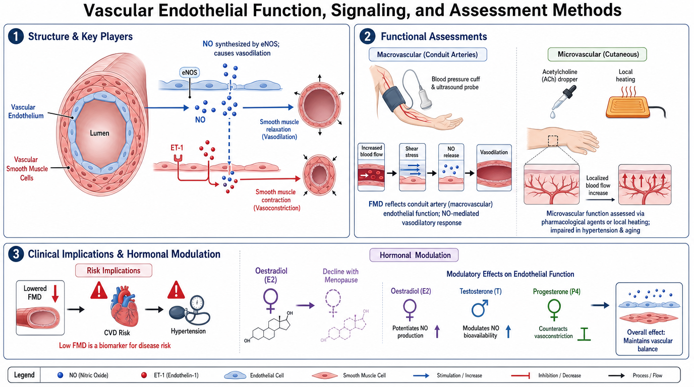 Diagram explaining vascular endothelial function, signaling, and assessment methods, including structures, key players, functional assessments, clinical implications, and hormonal modulation.