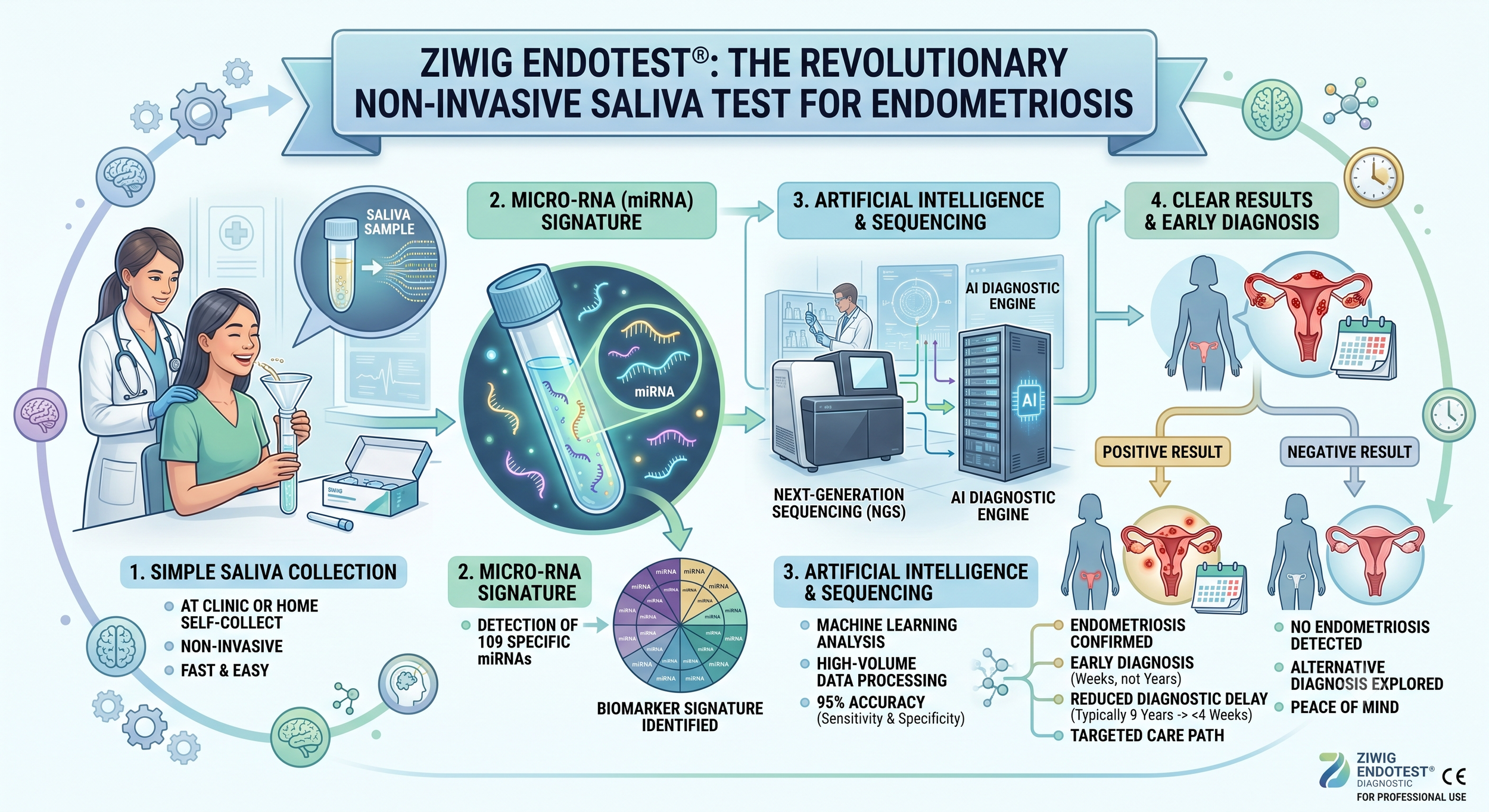 Infographic explaining Ziwig Endotest, a non-invasive saliva test for endometriosis, detailing steps from saliva collection, micro-RNA signature analysis, artificial intelligence sequencing, to results interpretation and diagnosis.