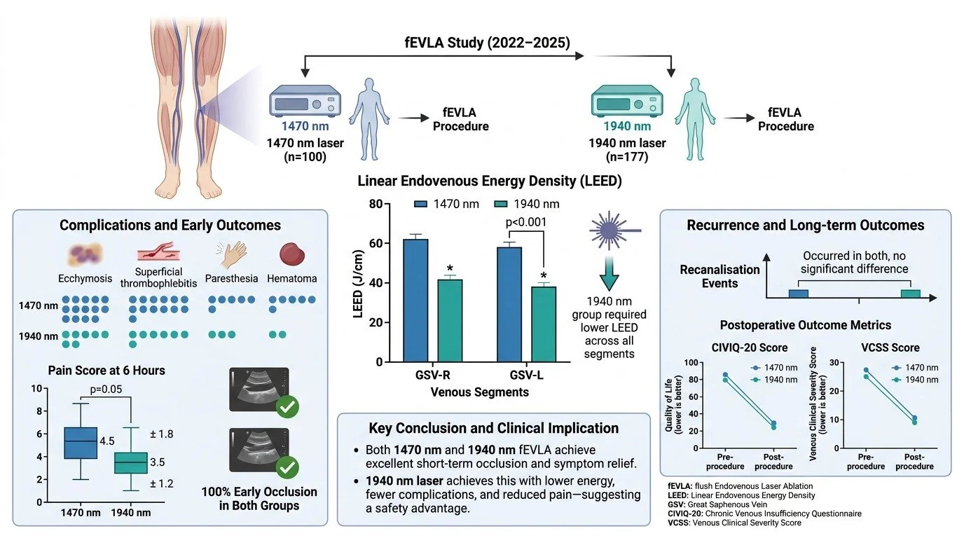 Diagram comparing 1470 nm and 1940 nm laser procedures for vein treatment, showing procedural steps, complications, energy density graphs, recurrence data, and clinical outcomes.