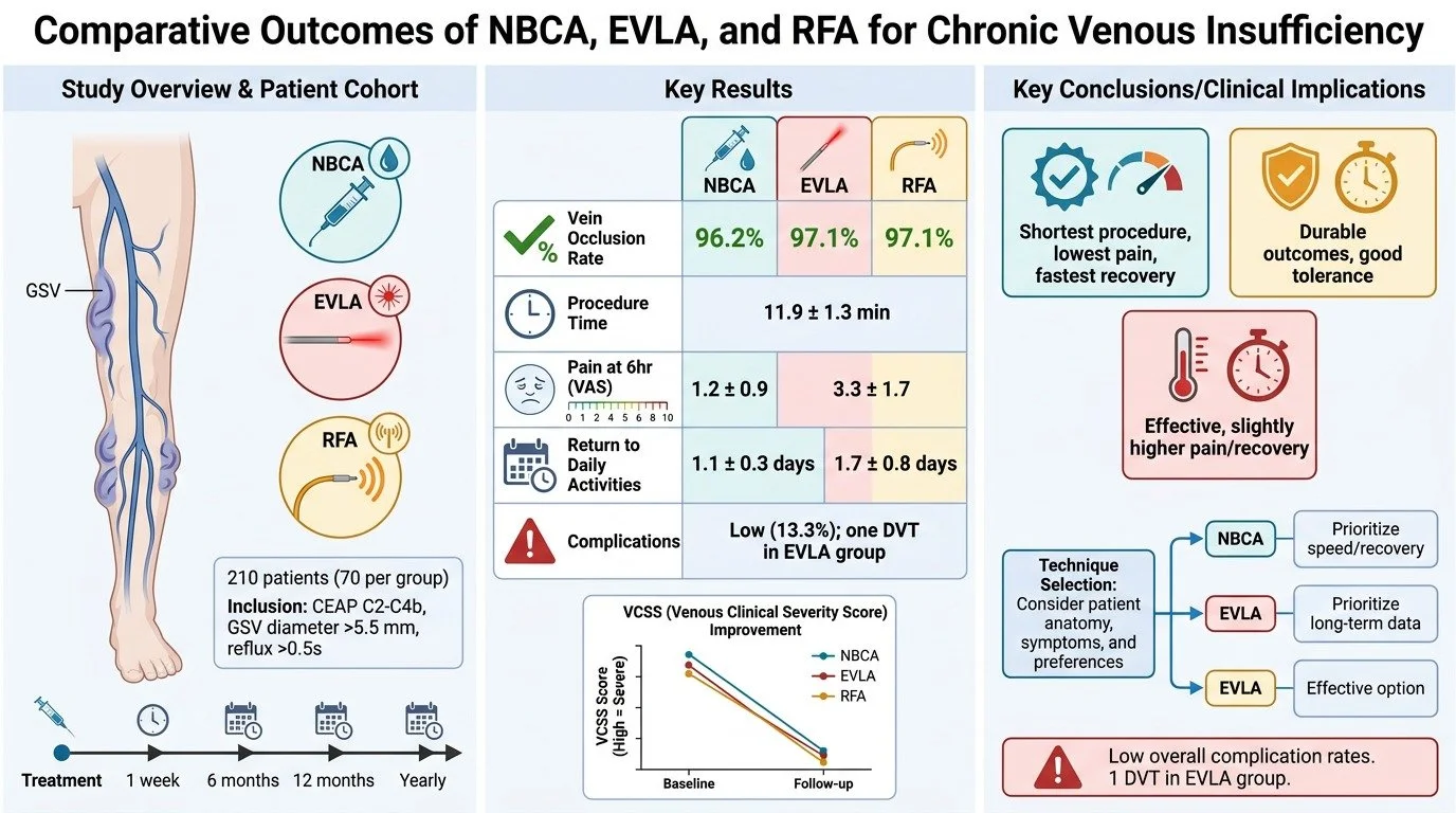 Comparison chart of outcomes for NBCA, EVLA, and RFA treatments for chronic venous insufficiency, including study overview, key results such as vein occlusion rate, procedure time, pain scores, return to activities, complications, and conclusions abo