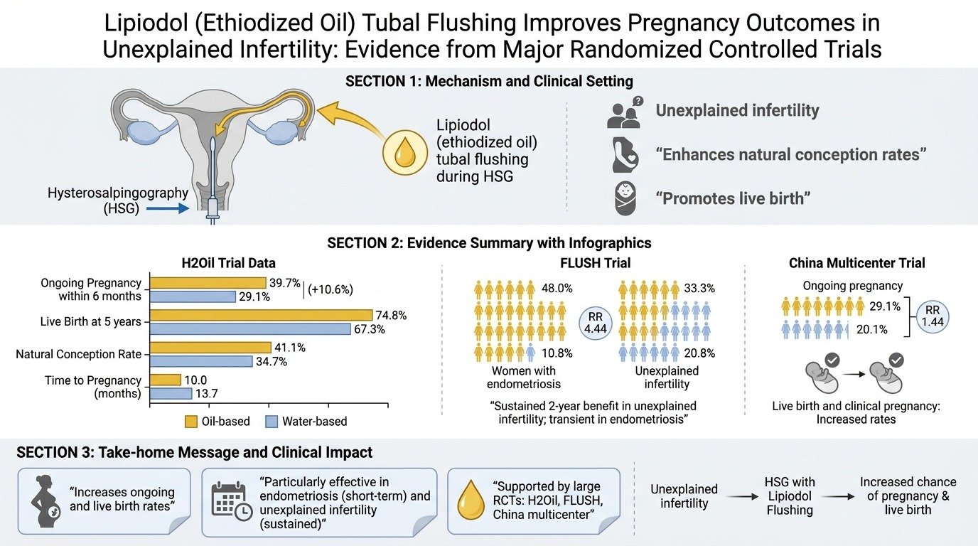 Summary of research on lipiodol tubal flushing for unexplained infertility, including mechanism, clinical trial results, and clinical impact.