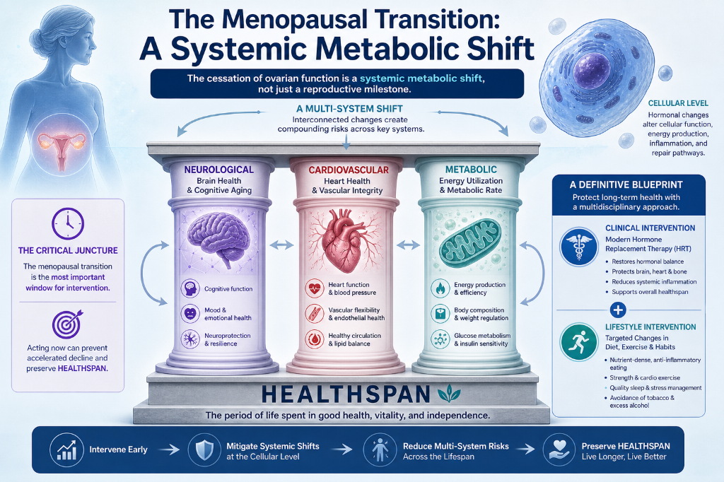 Infographic explaining menopause transition as a systemic metabolic shift, highlighting neurological, cardiovascular, and metabolic health, and emphasizing the importance of early intervention and lifestyle changes.