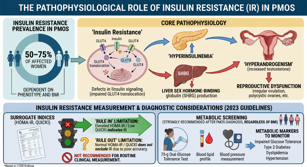 Infographic explaining the pathophysiology of insulin resistance in PCOS, highlighting core mechanisms involving hyperinsulinemia, hyperandrogenism, liver sex hormone-binding globulin production, and reproductive dysfunction, along with guidelines fo