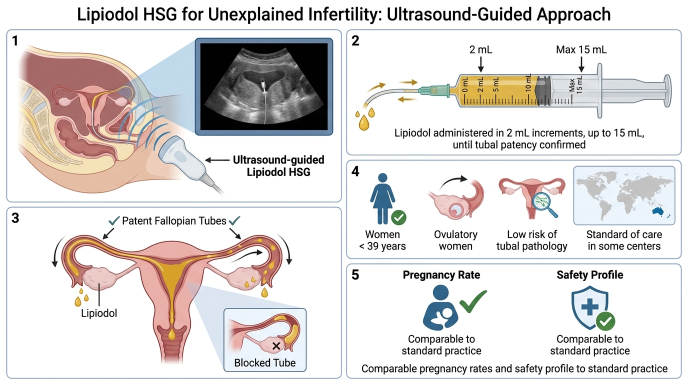 Diagram explaining the ultrasound-guided use of lipiodol HSG for unexplained infertility. It shows the procedure steps, including ultrasound guidance, lipiodol injection through patent fallopian tubes, and monitoring. The panel also highlights the ta