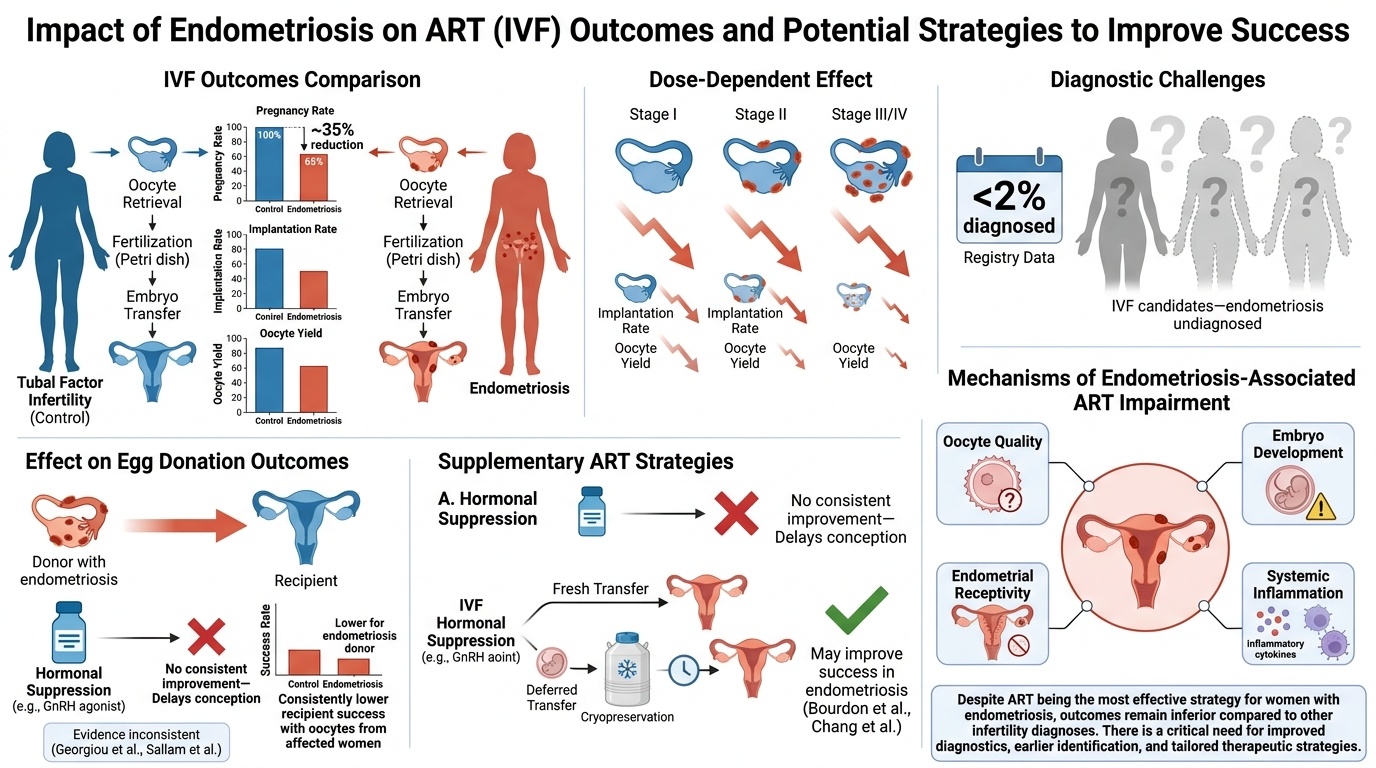 Infographic on the impact of endometriosis on ART outcomes and strategies to improve success, including IVF outcomes, dose effects, diagnostic challenges, egg donation effects, and supplementary ART strategies.