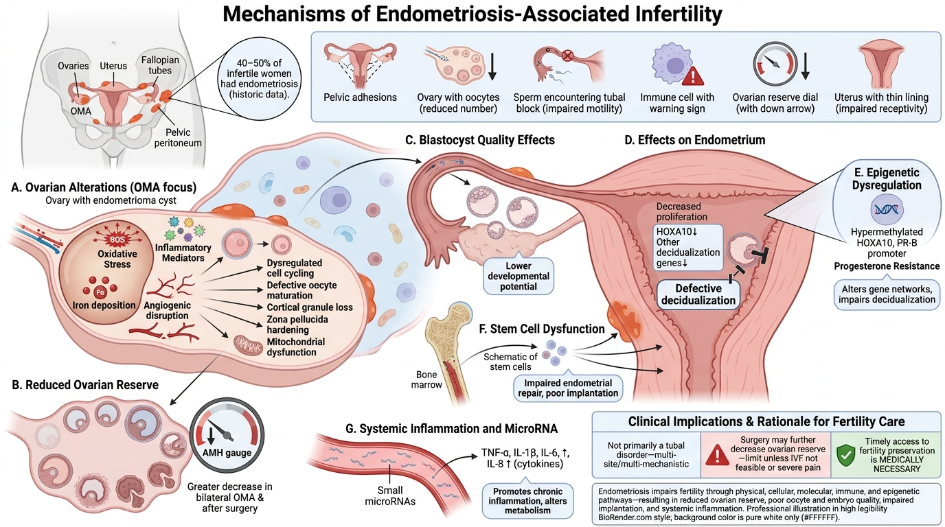 Diagram illustrating mechanisms of endometriosis-associated infertility, including ovarian alterations, reduced ovarian reserve, blastocyst quality effects, endometrial issues, epigenetic dysregulation, stem cell dysfunction, and systemic inflammatio