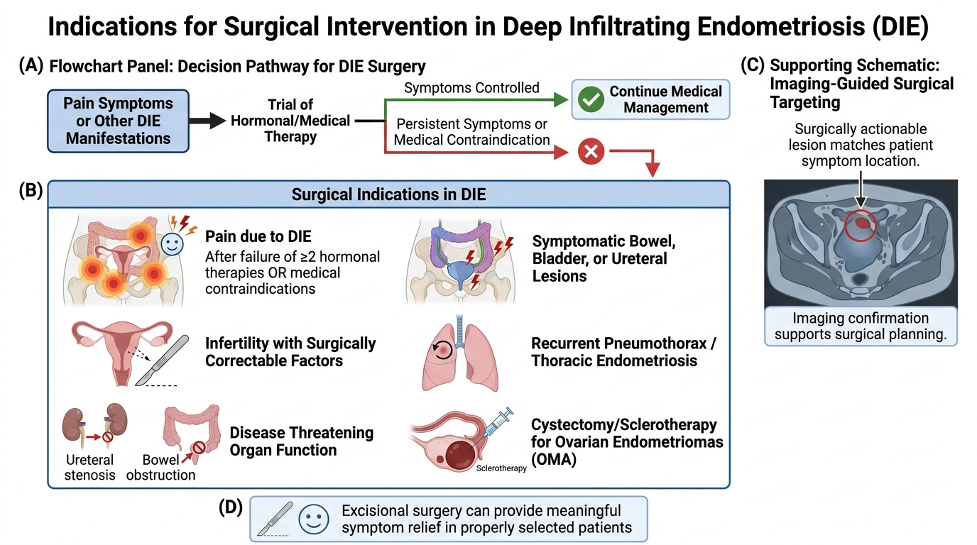 Flowchart explaining the decision pathway for surgical intervention in deep infiltrating endometriosis, including criteria for continuing medical management, surgical indications such as pain, infertility, disease threatening organ function, symptoma
