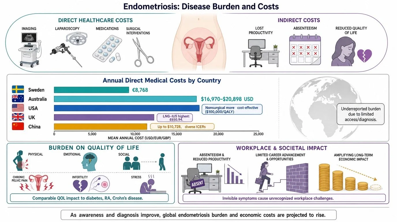 An infographic titled 'Endometriosis: Disease Burden and Costs' showing the impact of endometriosis. It includes sections on direct healthcare costs with icons for imaging, laparoscopy, medications, and surgical interventions; indirect costs such as 
