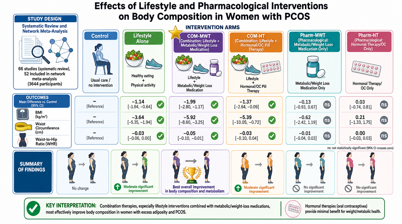 A chart showing the effects of lifestyle and pharmacological interventions on body composition in women with PCOS, including study design, control, lifestyle alone, various intervention arms, and outcomes such as BMI, waist circumference, and waist-t
