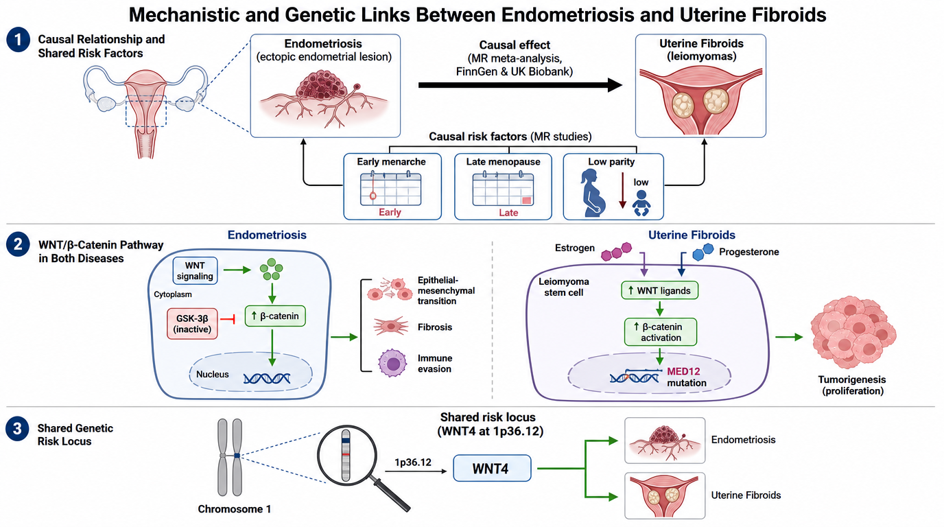 Diagram illustrating the mechanistic and genetic links between endometriosis, uterine fibroids, and uterine leiomyomas. It highlights shared risk factors, the WNT/β-Catenin pathway, and genetic risk loci involving chromosome 1 and the WNT4 gene.