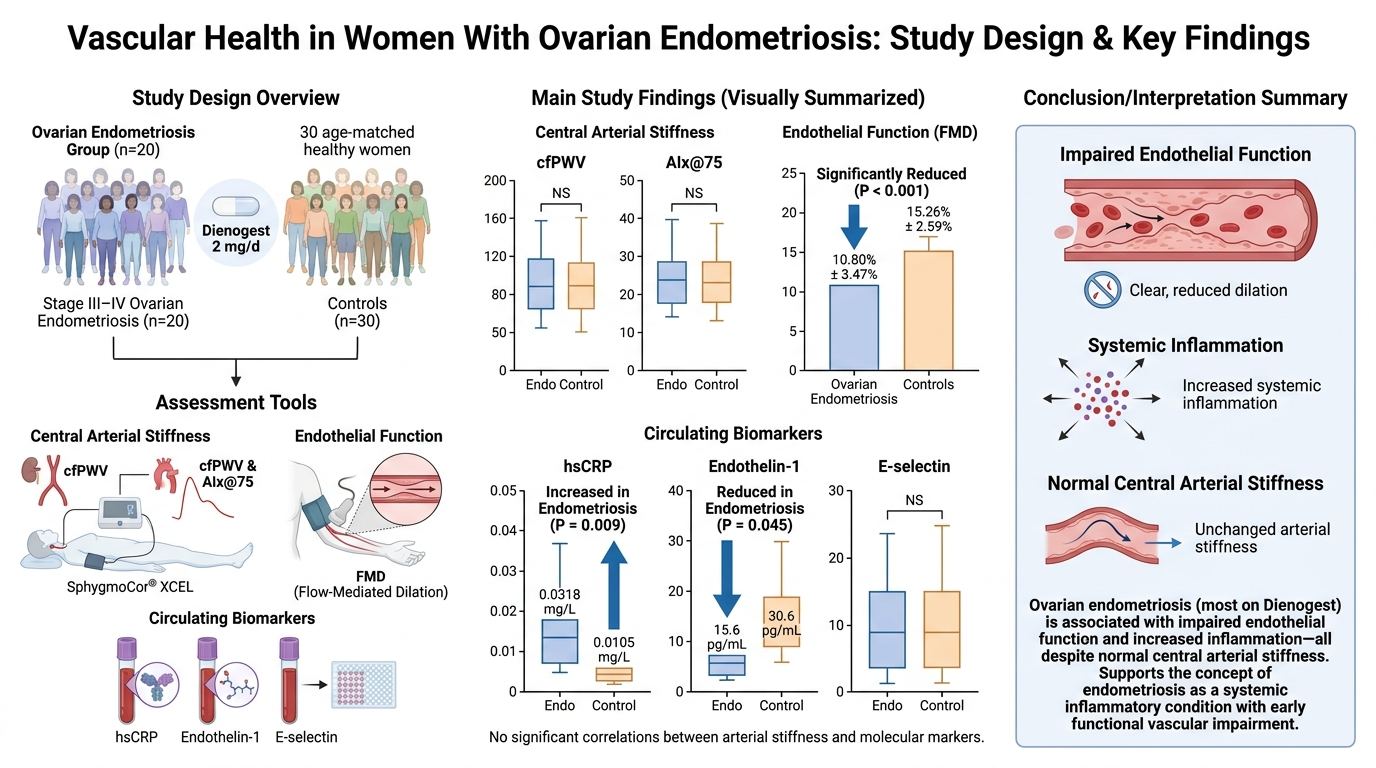 Poster titled 'Vascular Health in Women With Ovarian Endometriosis: Study Design & Key Findings' showing study overview, main findings, assessment tools, and summary of vascular impairment associated with endometriosis, including graphs and diagrams.