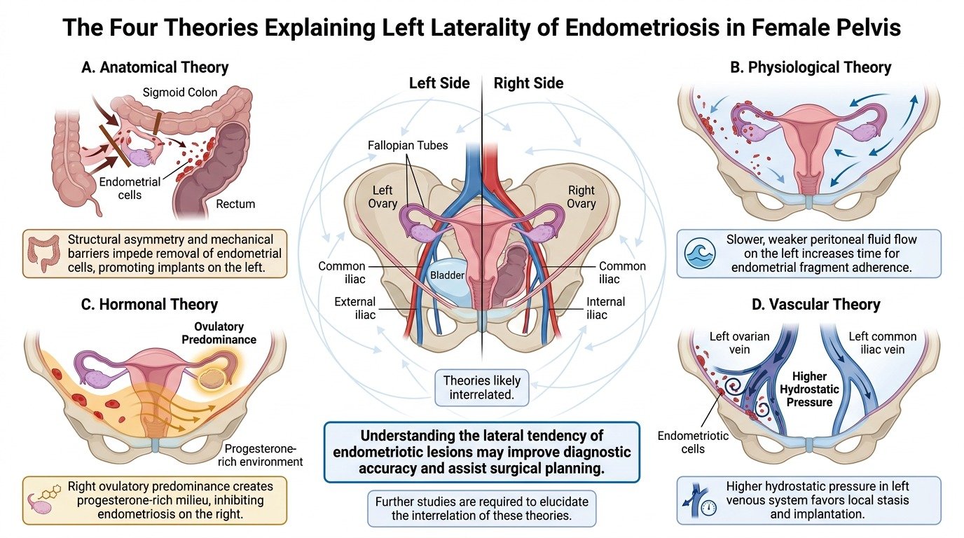 Diagram illustrating four theories explaining left laterality of endometriosis in female pelvis: anatomical, physiological, hormonal, and vascular. The central diagram shows a female pelvis with labeled organs. Each of the four surrounding sections d