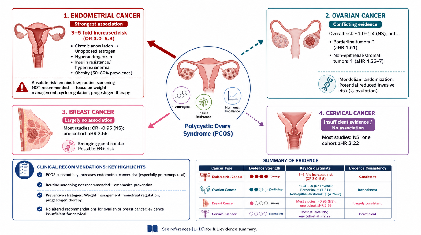 Diagram showing links between polycystic ovary syndrome (PCOS) and different cancers. Endometrial cancer is strongly associated with PCOS, ovarian cancer has conflicting evidence, breast cancer has largely no association, and cervical cancer shows in