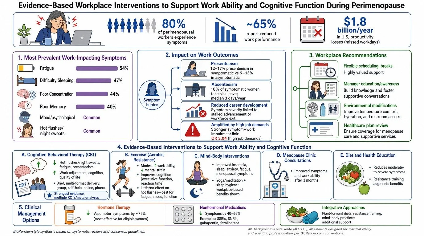 An infographic titled 'Evidence-Based Workplace Interventions to Support Work Ability and Cognitive Function During Perimenopause'. It includes statistics about perimenopausal symptoms, work impact, and recommendations. The infographic is divided int