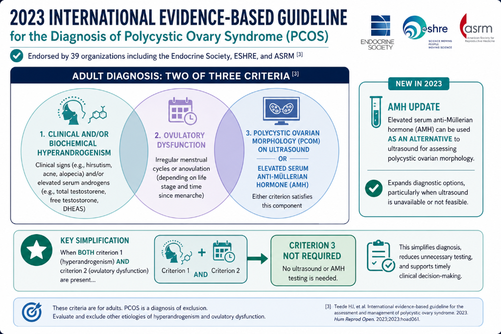 2023 international evidence-based guideline for diagnosing polycystic ovary syndrome (PCOS); endorsed by 39 organizations including Endocrine Society, ESHRE, and ASRM; criteria include clinical/biochemical hyperandrogenism, ovulatory dysfunction, and