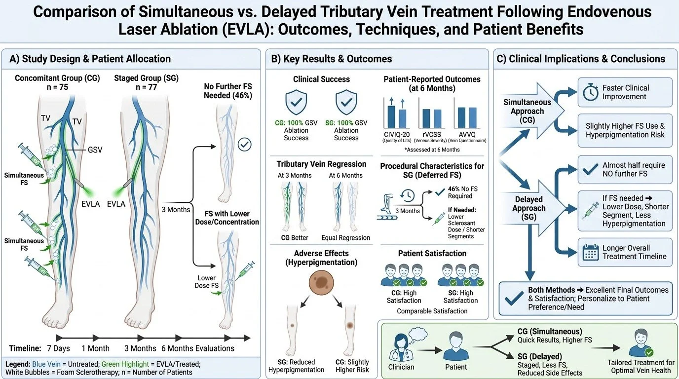 A detailed medical infographic comparing simultaneous versus delayed venous vein treatment following endovenous laser ablation, including study design, outcomes, adverse effects, patient satisfaction, and clinical implications.