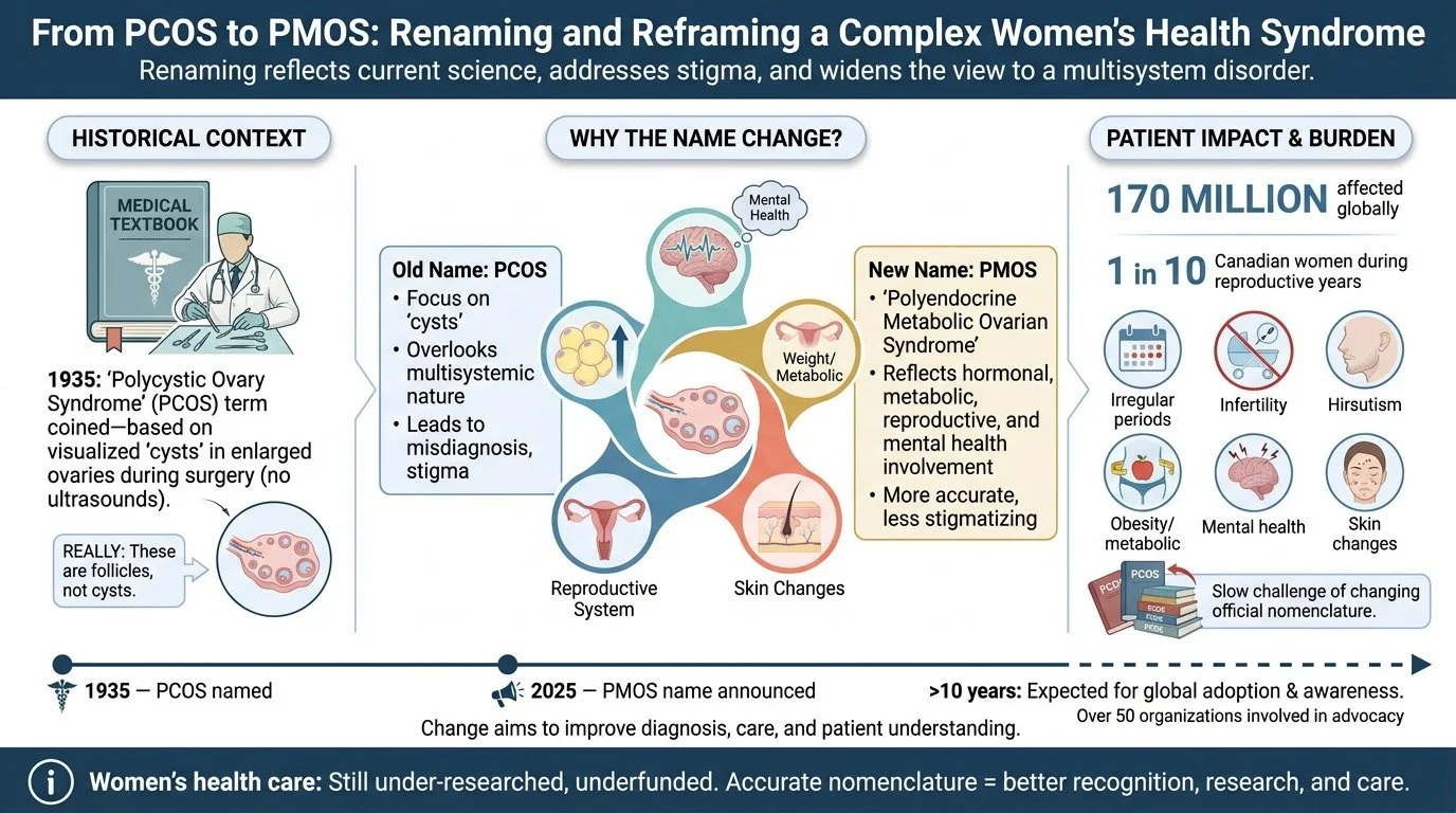 Diagram explaining the renaming and reframing of women's health syndrome from PCOS to PMOS. The image includes sections on historical context, why the name change, and patient impact. The historical context notes the term 'Polycystic Ovary Syndrome' 