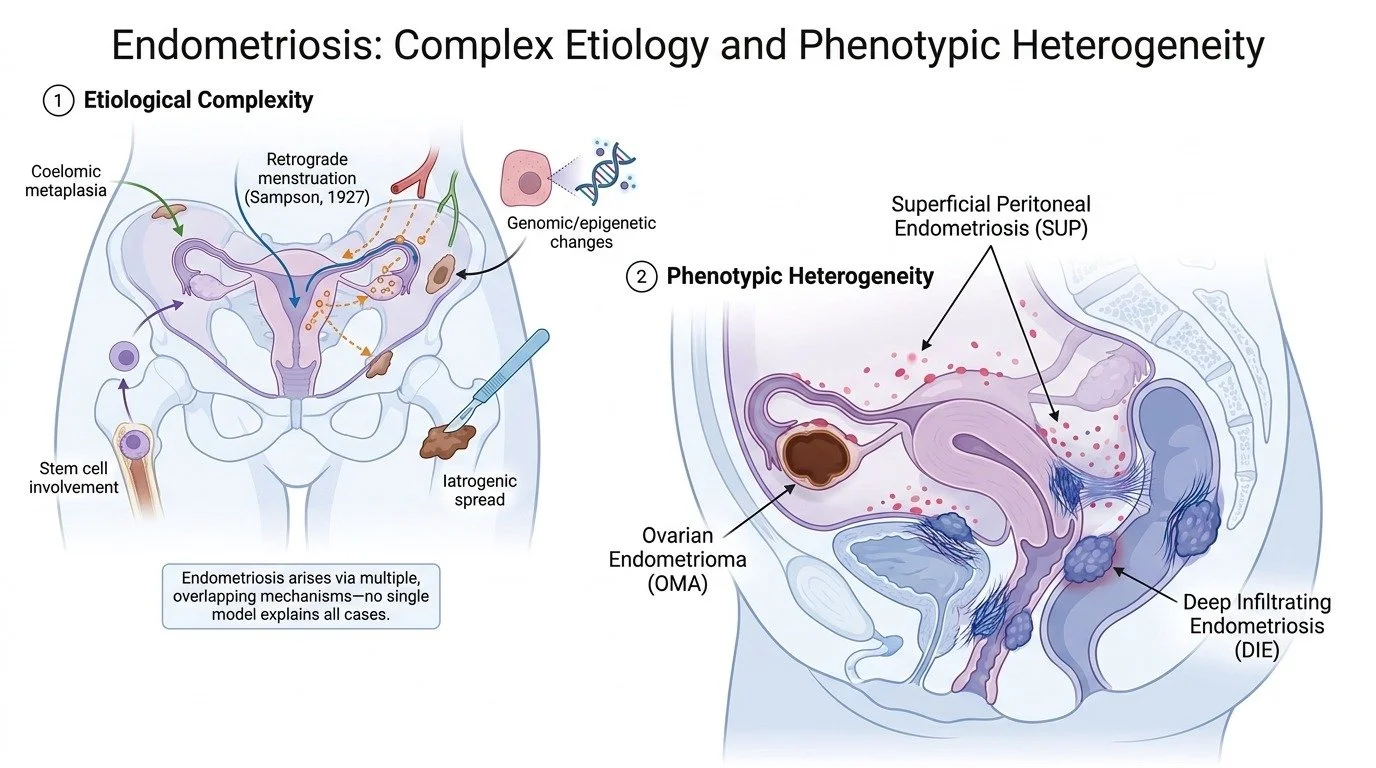 Diagram illustrating the complex etiology and phenotypic heterogeneity of endometriosis, showing different mechanisms and locations of endometriosis such as ovarian endometrioma, superficial peritoneal endometriosis, and deep infiltrating endometrios