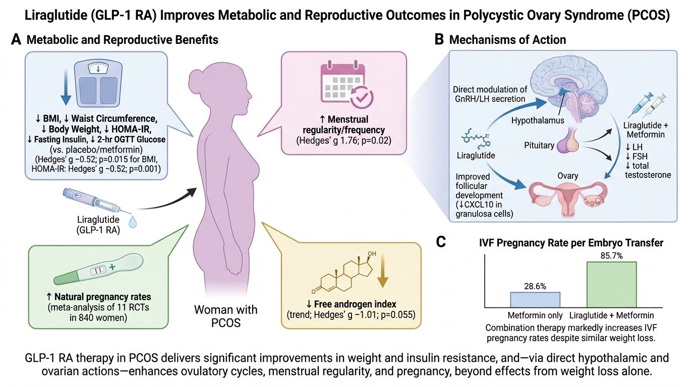 A scientific infographic explaining how liraglutide (GLP-1 RA) improves metabolic and reproductive outcomes in women with polycystic ovary syndrome (PCOS). It shows benefits like weight loss, increased menstrual regularity, and higher natural pregnan