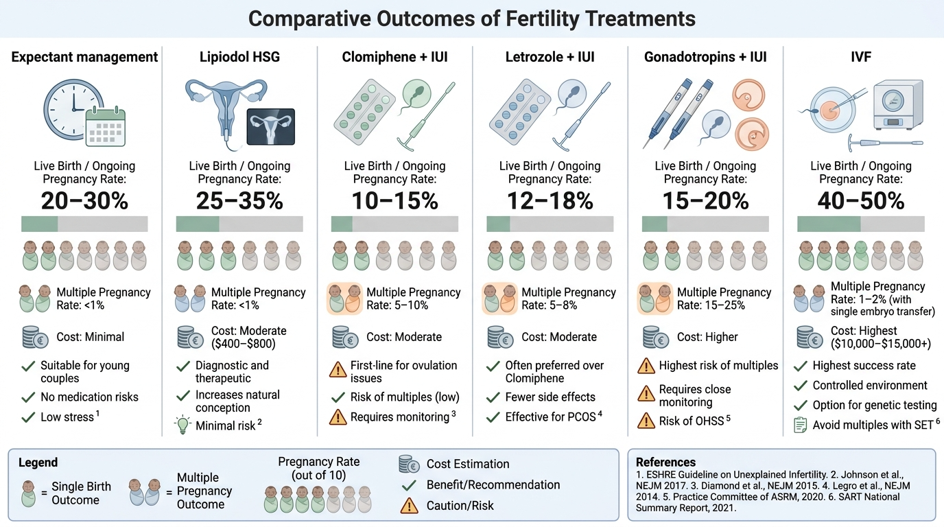 Comparison chart of fertility treatments showing live birth and ongoing pregnancy rates, costs, and advantages for each method: Expectant management, Lipidol HSG, Clomiphene + IUI, Letrozone + IUI, Gonadotropins + IUI, and IVF. The chart includes ico