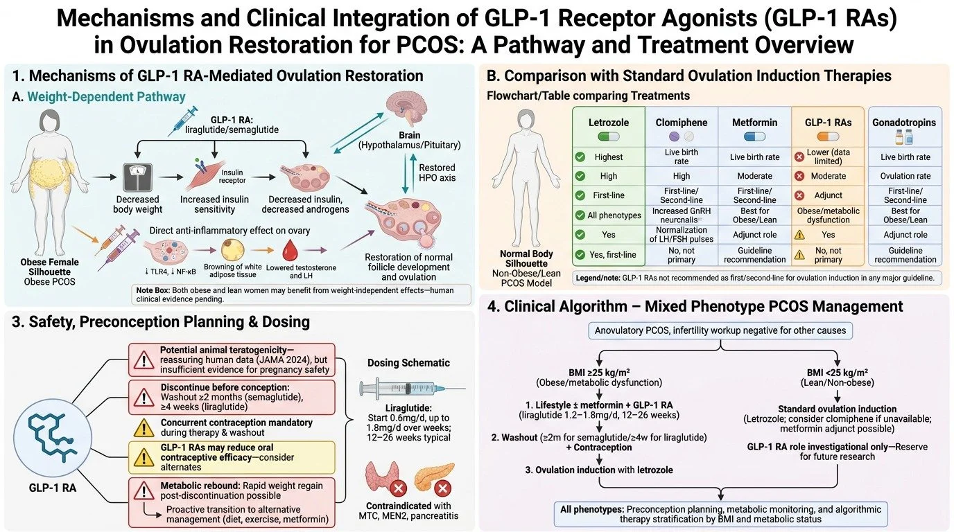 Diagram illustrating mechanisms, treatment comparison, safety, and clinical management of GLP-1 receptor agonists in ovulation restoration for PCOS. Sections include pathway of GLP-1 RA, comparison with standard therapies, safety considerations, and 