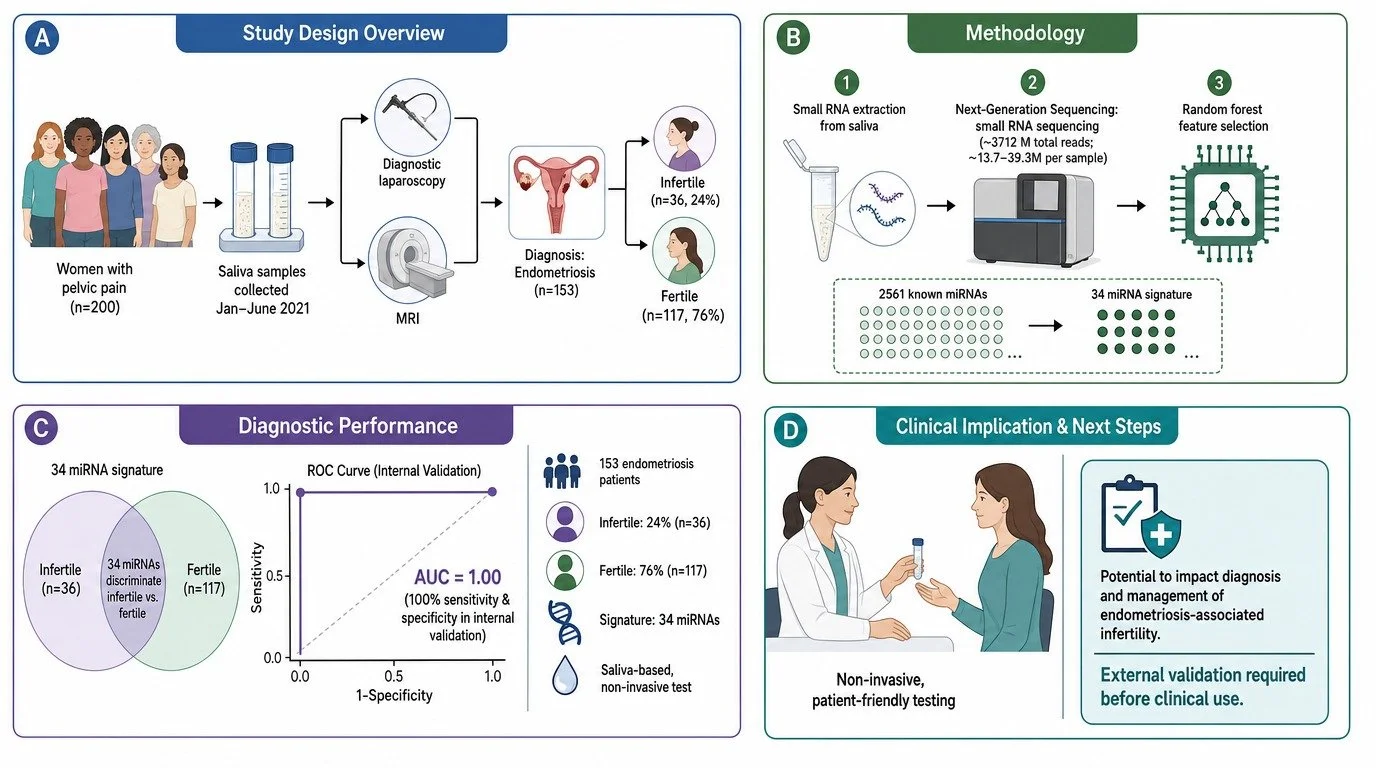 Flowchart-style infographic titled 'Study Design Overview' illustrating the process of collecting saliva samples from women with pelvic pain, conducting MRI scans for endometriosis diagnosis, and categorizing them into infertile or fertile groups. Th
