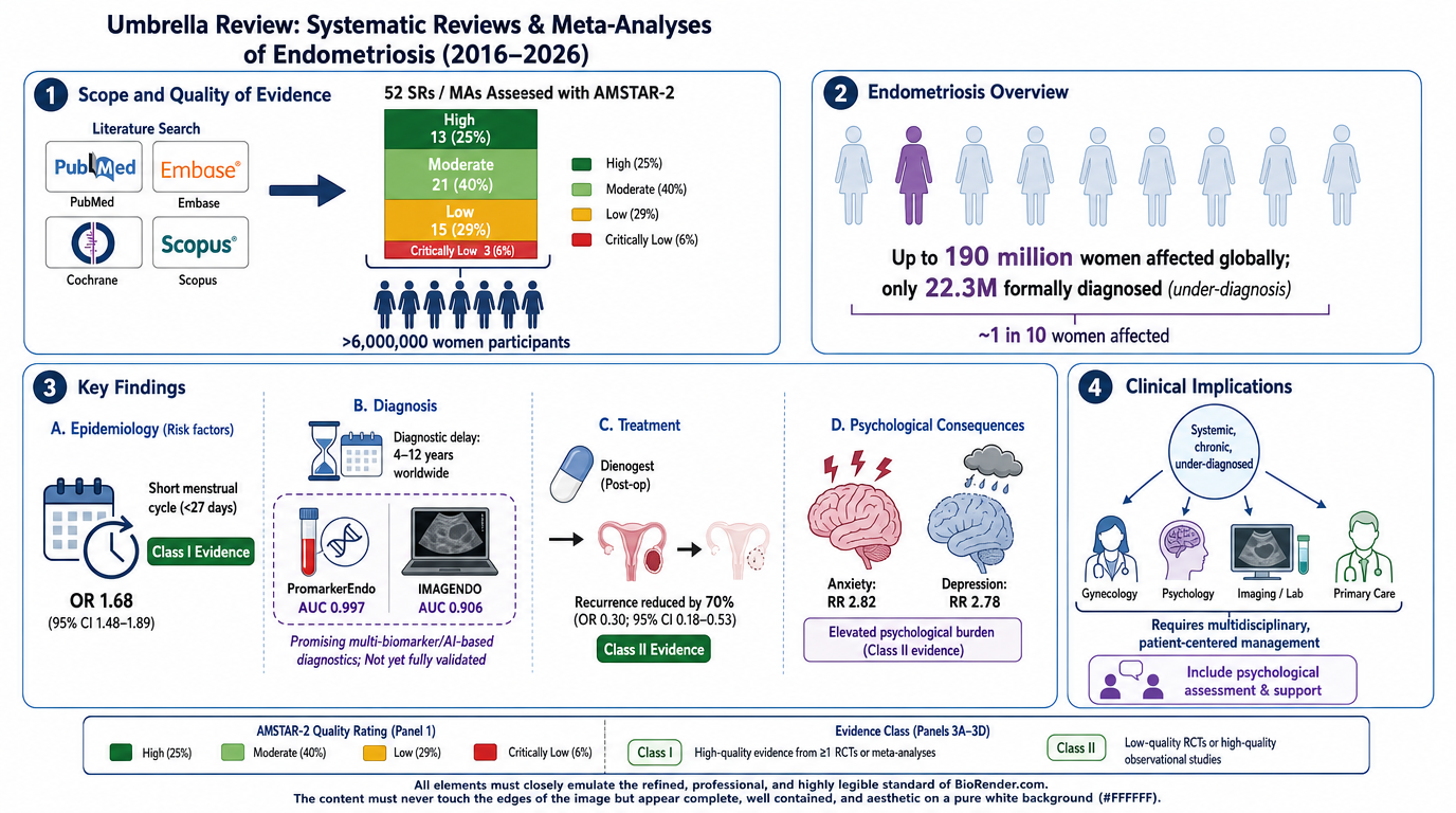 Infographic on systematic reviews and meta-analyses of endometriosis from 2016 to 2026, including scope, key findings, clinical implications, and evidence grading.