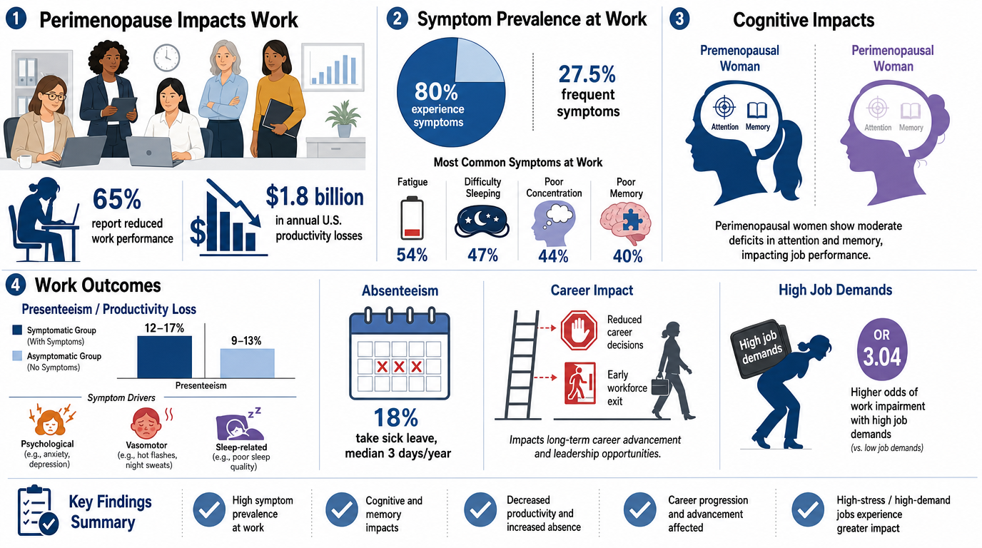An infographic about perimenopause impacts at work displaying five sections: 1) Perimenopause impacts work with illustrations of women and charts; 2) Symptom prevalence at work shown as a pie chart indicating 80% experience symptoms and common sympto