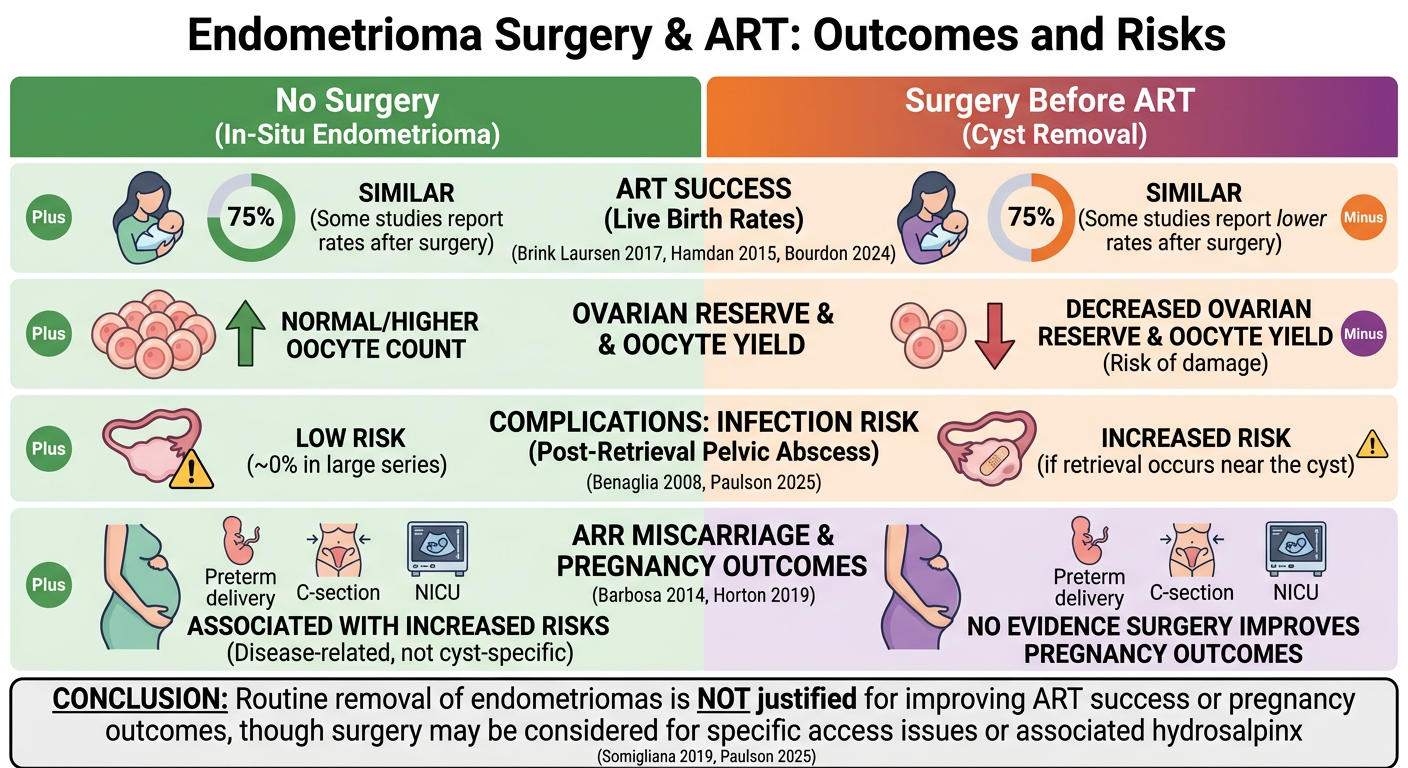 Chart comparing outcomes and risks of endometrioma surgery versus no surgery, including live birth rates, ovarian reserve, infection risk, and pregnancy outcomes, with conclusions about the lack of evidence to justify routine removal of endometriomas