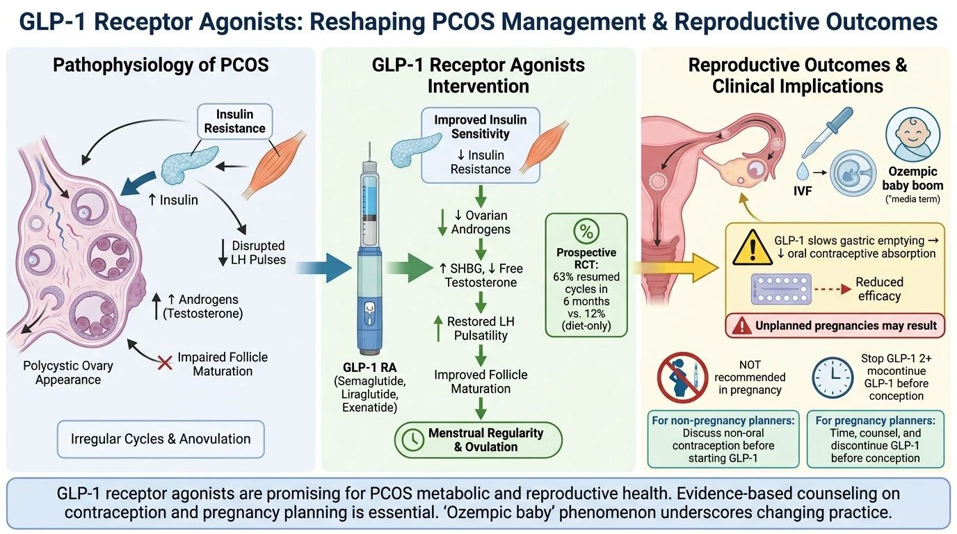 A comprehensive infographic explaining how GLP-1 receptor agonists are reshaping PCOS management and reproductive outcomes. It details the pathophysiology of PCOS, including insulin resistance, androgen levels, and irregular cycles. The infographic i