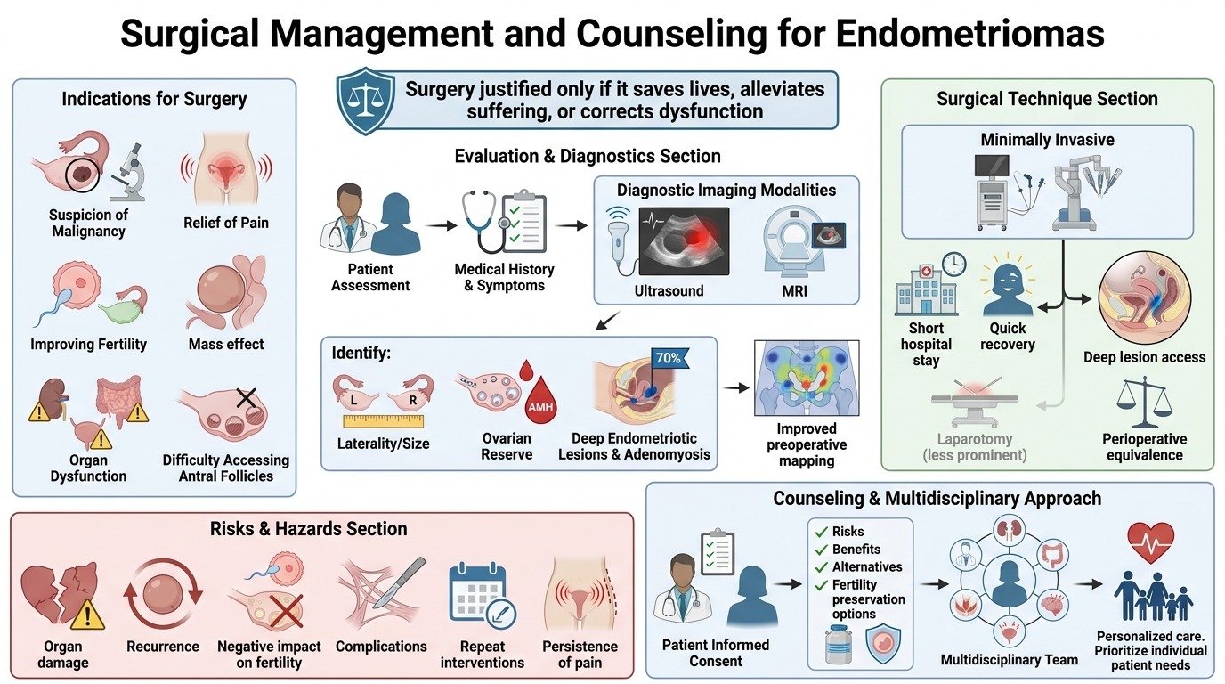 An infographic titled 'Surgical Management and Counseling for Endometriomas' with sections on indications for surgery, evaluation and diagnostics, surgical techniques, risks and hazards, and counseling. It includes icons and illustrations representin