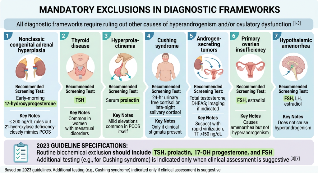 A chart titled 'Mandatory Exclusions in Diagnostic Frameworks' listing conditions like nonclassical congenital adrenal hyperplasia, thyroid disease, hyperprolactinemia, Cushing syndrome, androgen-secreting tumors, primary ovarian insufficiency, and h