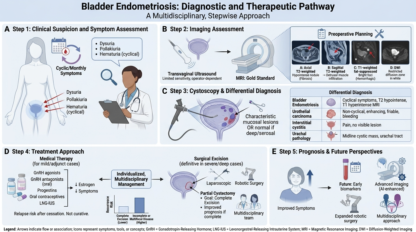Flowchart detailing the diagnostic and therapeutic pathway for bladder endometriosis, including symptom assessment, imaging, biopsy, treatment options, and prognosis.