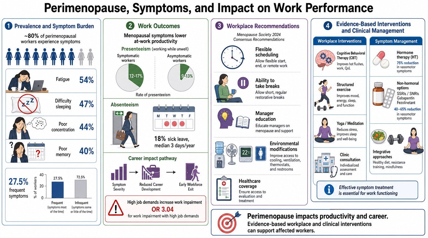 Infographic titled "Perimenopause, Symptoms, and Impact on Work Performance" divided into sections: 1) Prevalence and Symptom Burden showing 80% of perimenopausal workers experience symptoms like fatigue (54%), sleep difficulty (47%), poor concentrat