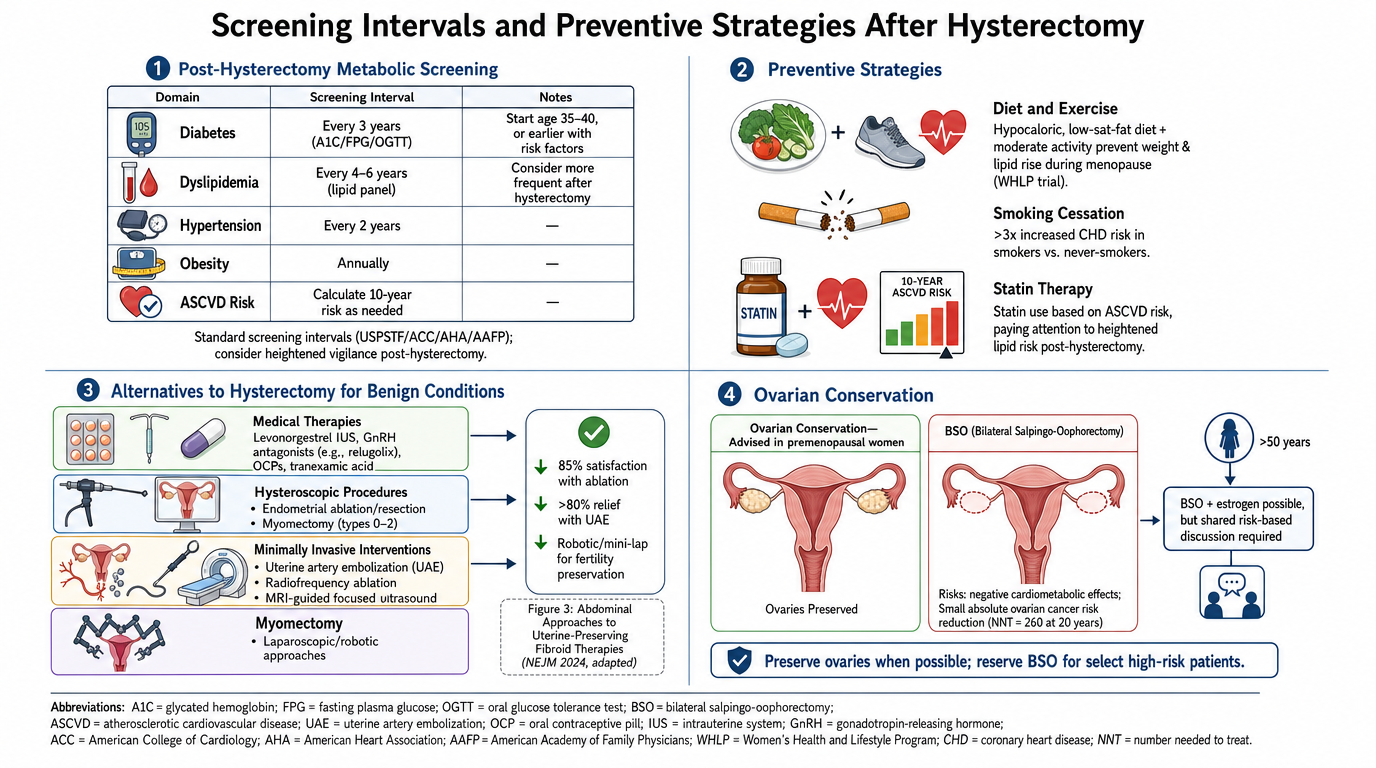 This infographic titled 'Screening Intervals and Preventive Strategies After Hysterectomy' is divided into four sections. The first section outlines postoperative screening for diabetes, dyslipidemia, hypertension, obesity, and ASCVD risk, with recom