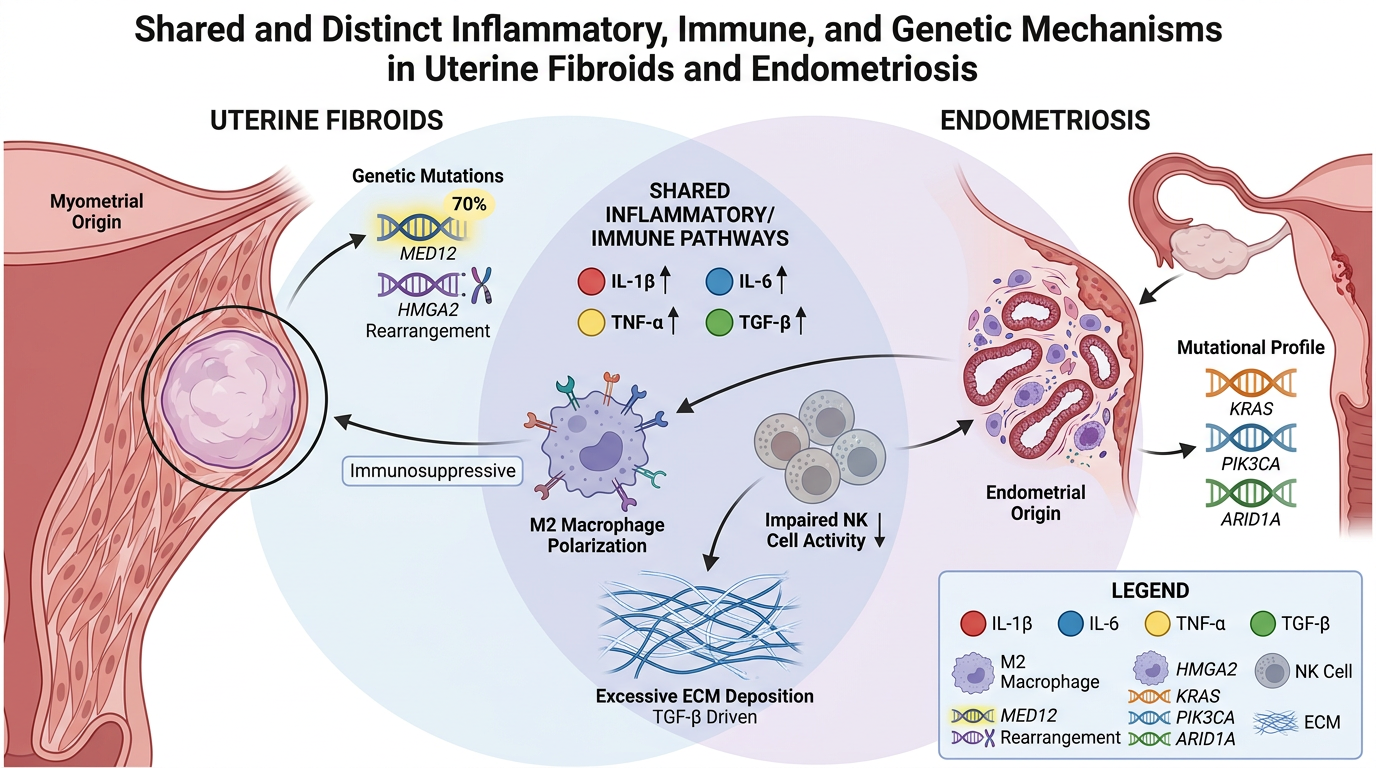 Diagram illustrating shared and distinct inflammatory, immune, and genetic mechanisms in uterine fibroids and endometriosis, showing tissue origins, genetic mutations, immune pathways, and cellular activity alterations.