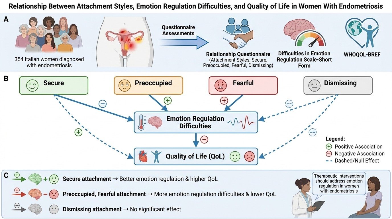 Diagram showing research on attachment styles, emotion regulation, and quality of life in women with endometriosis. Part A describes the study with Italian women, questionnaires, and assessments. Part B illustrates how secure, preoccupied, fearful, a