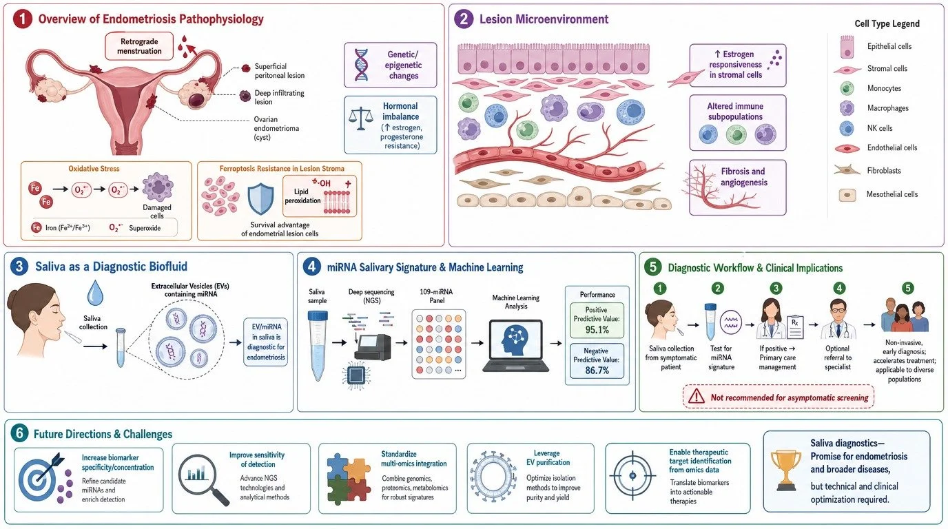 Infographic with six sections about endometriosis and microbiology including diagrams, cell types, DNA, saliva analysis, and workflow steps.