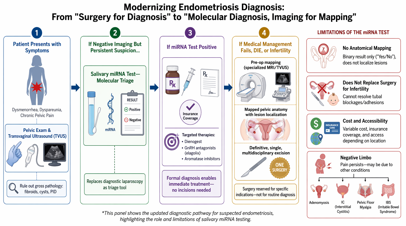 Flowchart outlining the modern diagnostic process for endometriosis, starting with symptomatic patient presentation, using ultrasound and laparoscopy, salivary miRNA testing, miRNA testing, and preoperative imaging for management, highlighting limita