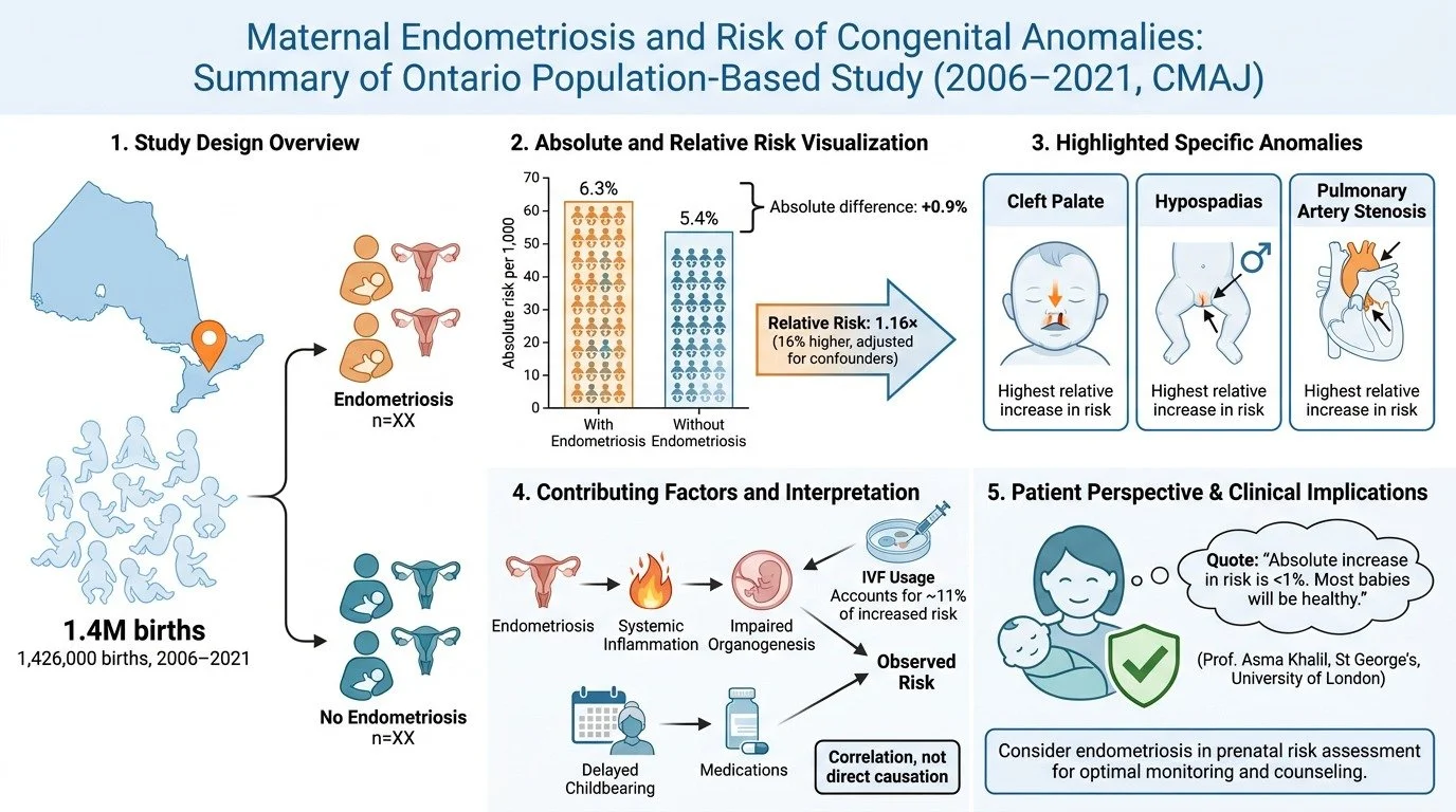 A detailed infographic summarizing a study on maternal endometriosis and the risk of congenital anomalies in Ontario from 2006 to 2021. It includes sections on study design, risk visualization, specific anomalies like cleft palate, hypospadias, and p
