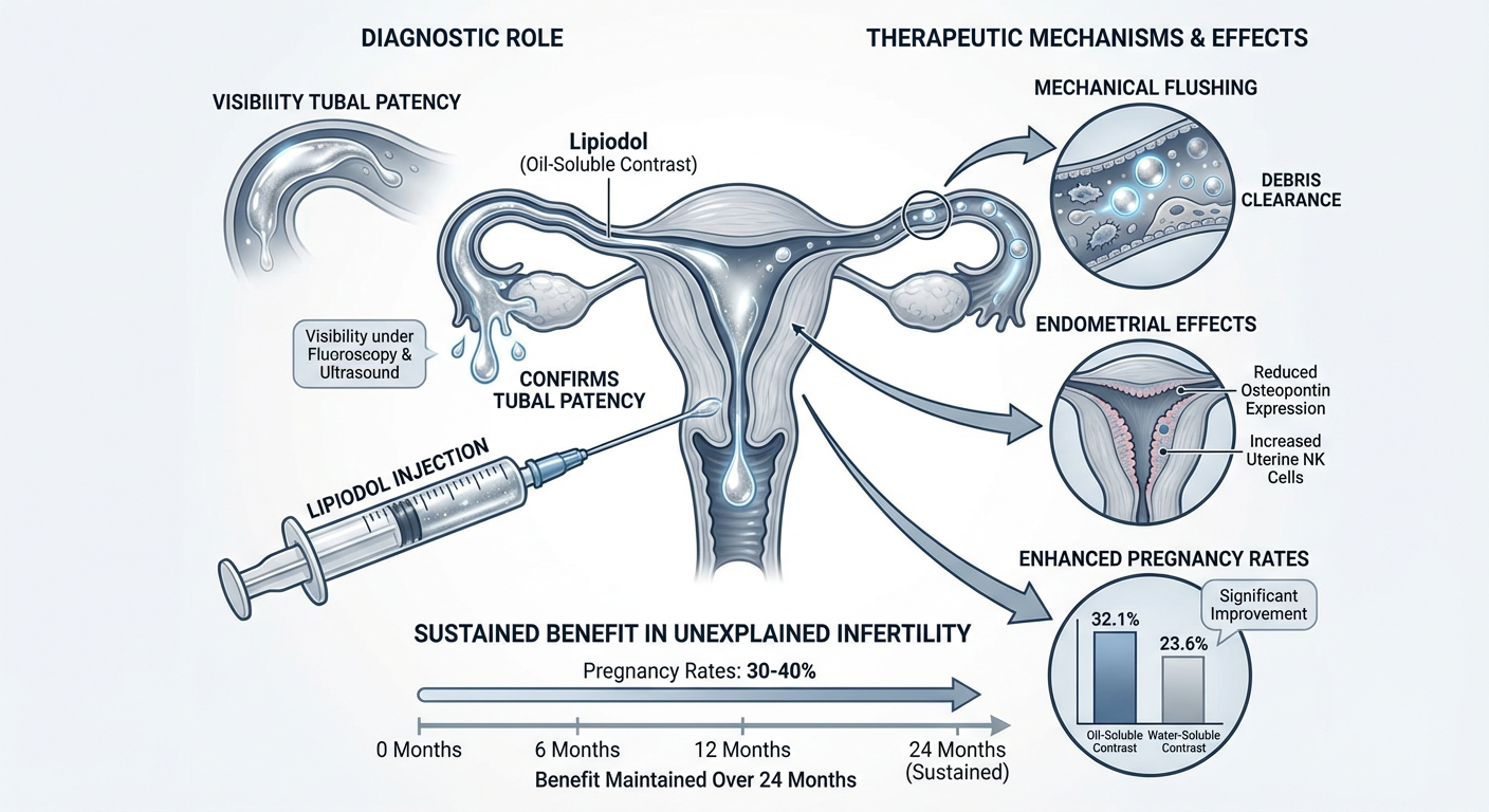 Diagram showing the use of Lipiodol injection for tubal patency testing and its therapeutic effects, including debris clearance, endometrial effects like increased uterine NK cells, and improved pregnancy rates, with a timeline indicating benefit maintenance over 24 months.